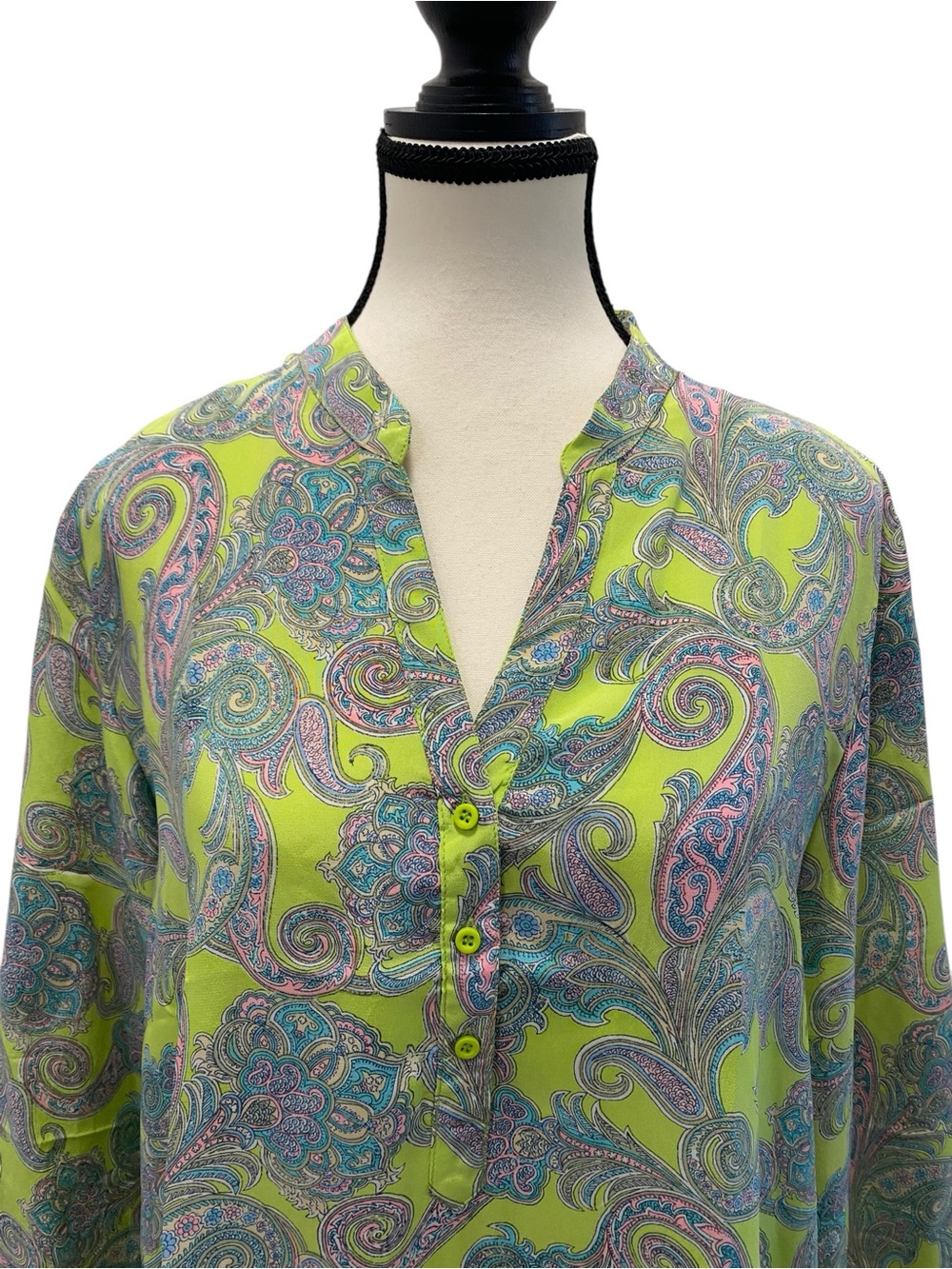100% silk lime green paisley blouse Size L